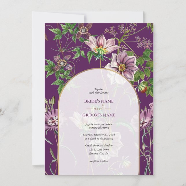 Invitation Mariage Arche Florale Violette Dorée (Devant)