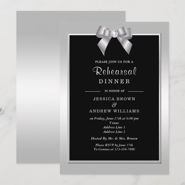 Invitation Mariage Argent Élégant Bijou & Noir (Devant / Derrière)