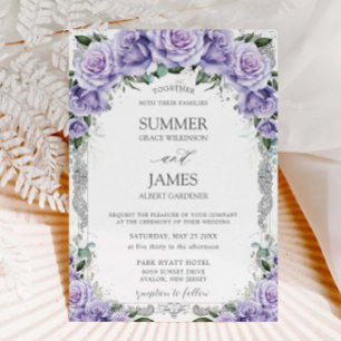 Invitation Mariage Argent Fleurs Roses Lavande Violettes Chic