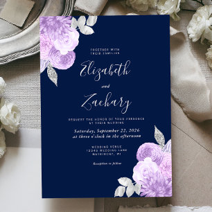 Invitation Mariage Argent Floral Bleu Marine Lilas