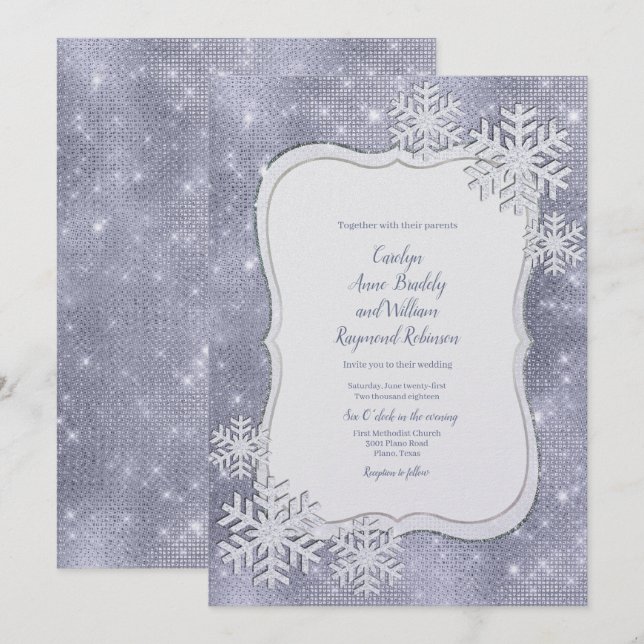 Invitation Mariage argenté d'hiver de flocons de neige (Devant / Derrière)