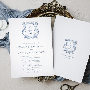 Invitation Mariage Armoiries Monogramme Baroque Vintage Bleu