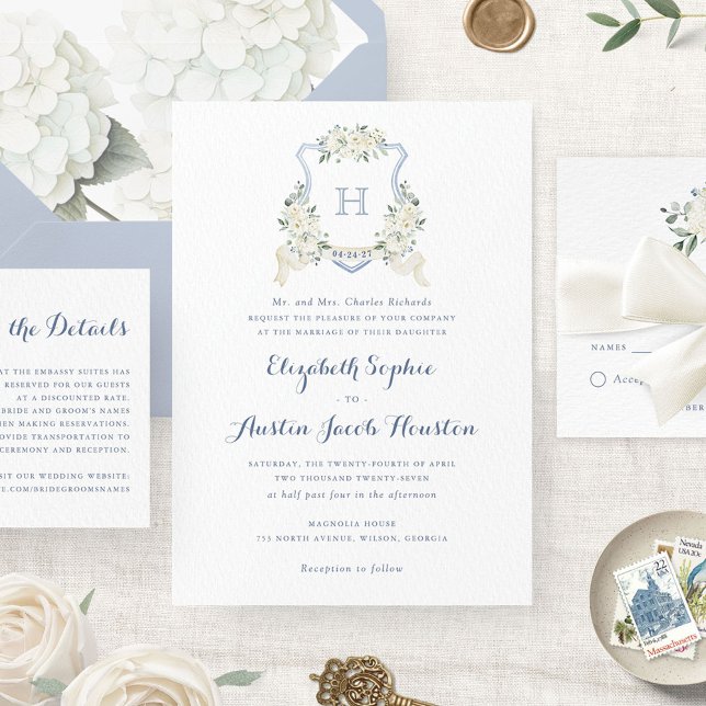 Invitation Mariage Armoiries Monogramme Floral Végétal Bleu P (Créateur téléchargé)