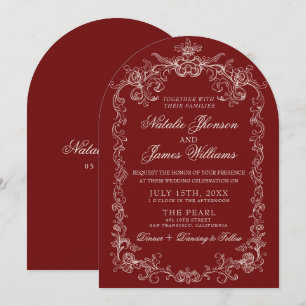 Invitation Mariage Arqué Burgundy Rouge Profond Argent Ancien