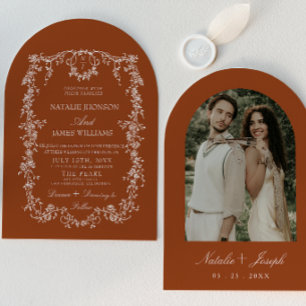 Invitation Mariage Arqué en Terre Cuite Orange Brûlée Florale