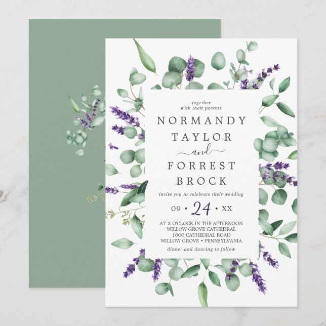 Invitation Mariage arrière de cadre floral de lavande rustiqu (Devant / Derrière)