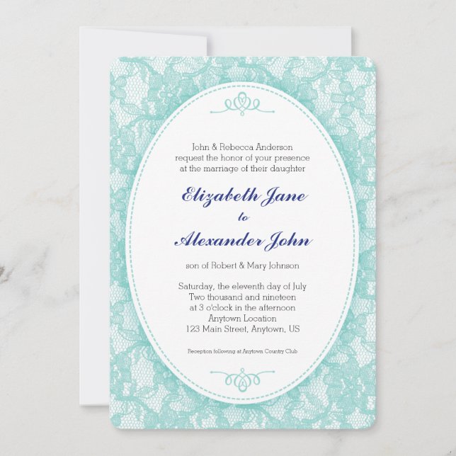 Invitation Mariage Arrière - plan de dentelle Turquoise vinta (Devant)