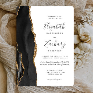 Invitation Mariage arrondi moderne Black Gold Agate