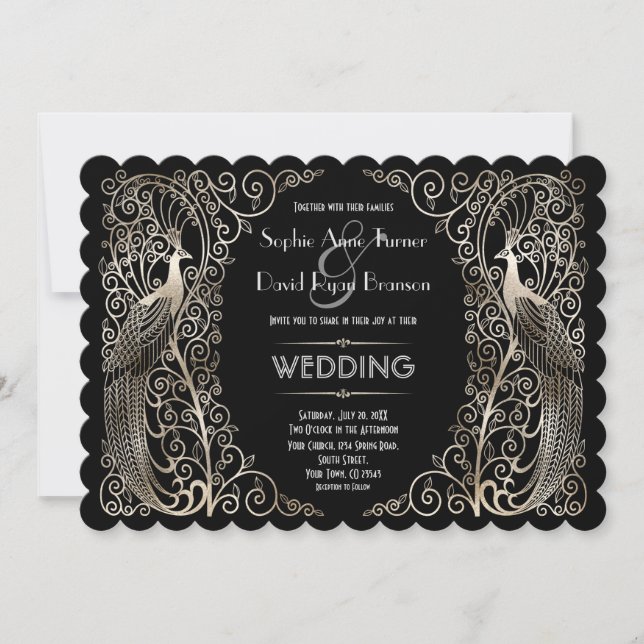 Invitation Mariage Art Déco Argent Charmant Peacocs (Devant)