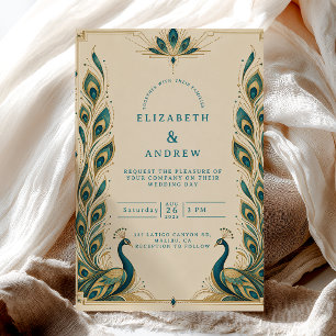 Invitation Mariage Art Déco au Paon Turquoise
