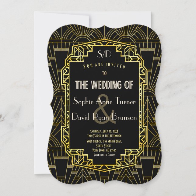 Invitation Mariage Art Déco Black & Gold Great Gatsby (Devant)