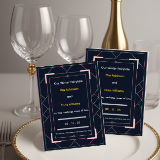 Invitation Mariage Art Déco Bleu Nuit Rose Doré Géométrique