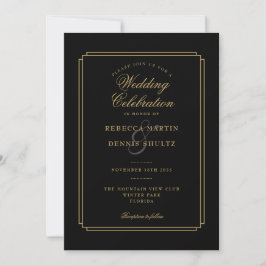 Invitation Mariage Art déco de script noir et or