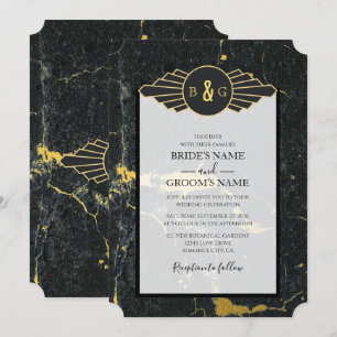 Invitation Mariage Art déco en marbre d'or noir
