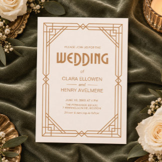 Invitation Mariage Art Déco Géométrique Bronze Or Crème