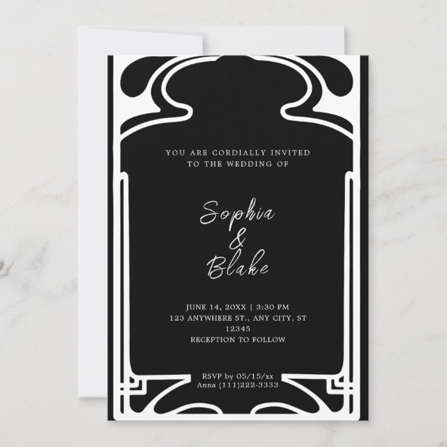 Invitation Mariage Art déco géométrique noir et blanc (Devant)
