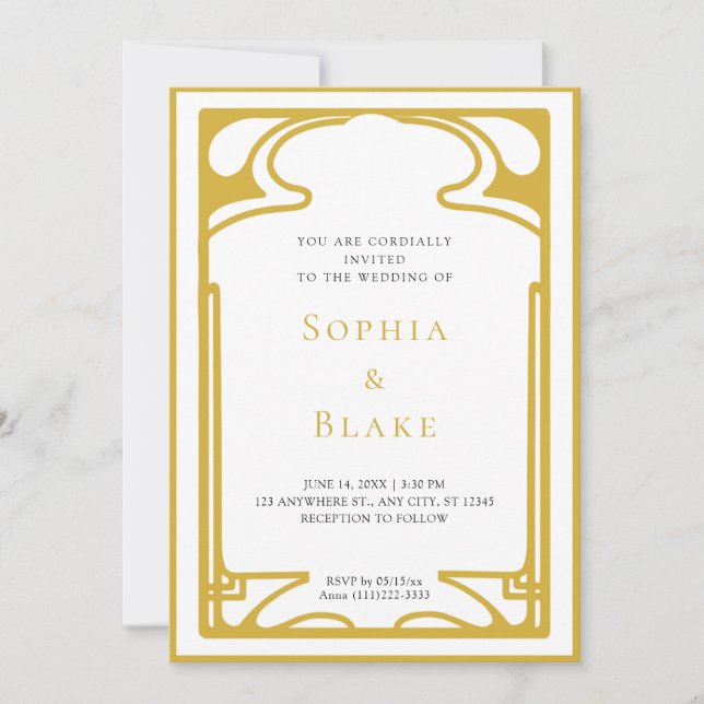 Invitation Mariage Art déco géométrique or et blanc (Devant)