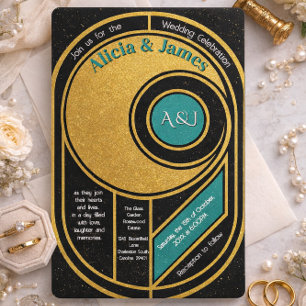 Invitation Mariage Art Déco Luxe Or et Bleu-vert Gatsby le Ma