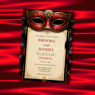 Invitation Mariage Art Déco Mascarade Rouge Glamour
