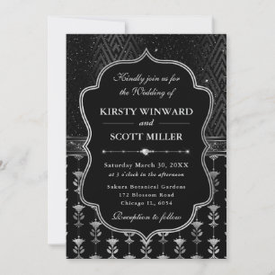 Invitation Mariage Art Déco Noir Argenté Glamour