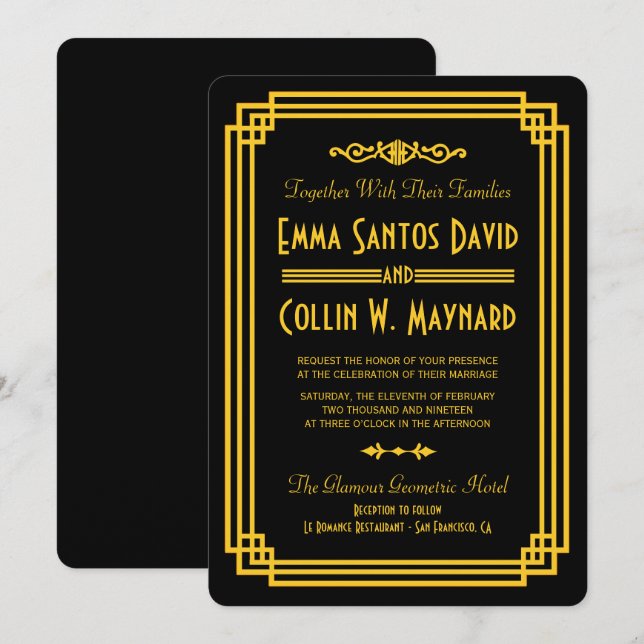 Invitation Mariage Art Déco Noir et Or (Devant / Derrière)