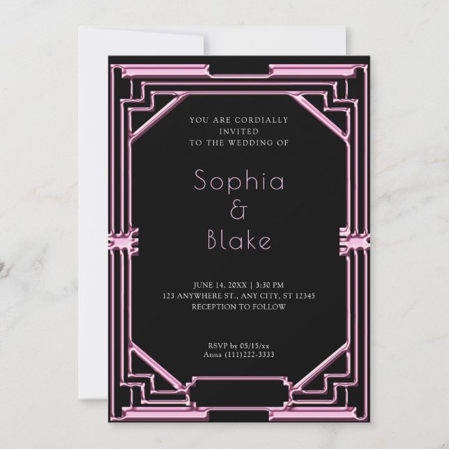 Invitation Mariage Art déco noir et rose complexe (Devant)