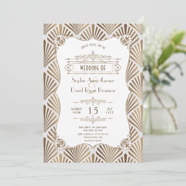Invitation Mariage Art Déco Or Blanc Gatsby Blanc Années 1920 (Debout devant)
