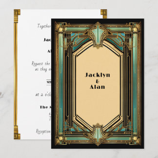 Invitation Mariage Art Déco Or Turquoise Noir
