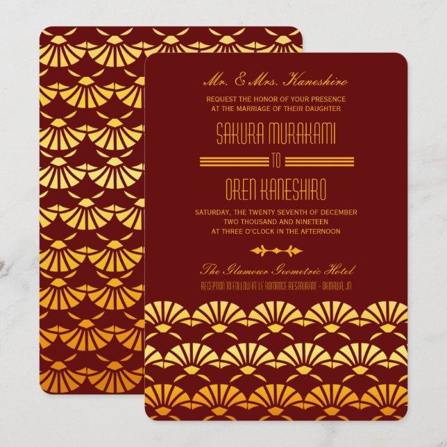 Invitation Mariage Art déco rouge & or invite (Devant / Derrière)