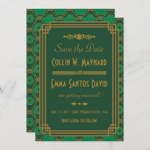 Invitation Mariage Art Déco Vert Enregistrer La Date