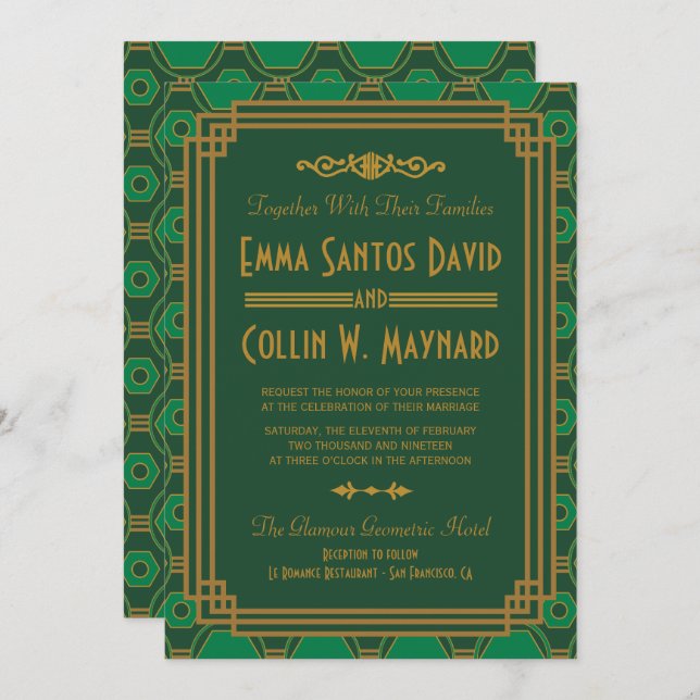 Invitation Mariage Art Déco Vert Invite (Devant / Derrière)