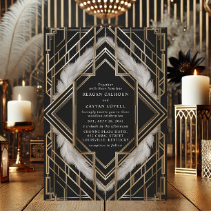 Invitation Mariage Art Déco Vintage à Plumes Noir et Or