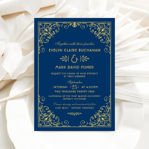 Invitation Mariage Art déco vintage Marine et or