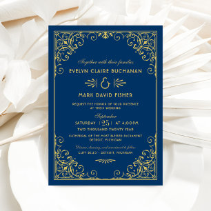 Invitation Mariage Art Déco Vintage Navy et Or