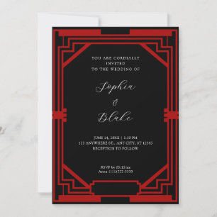 Invitation Mariage Art déco Vintage noir et rouge simple