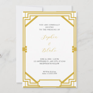 Invitation Mariage Art déco Vintage simple or et blanc