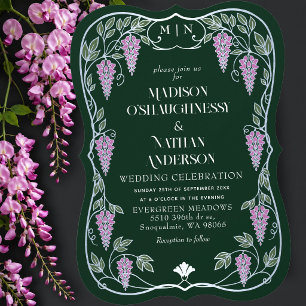 Invitation Mariage Art Nouveau Argent Fleurs de Glycine Roses