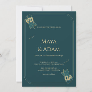 Invitation Mariage Art Nouveau avec plume de paon sarcelle