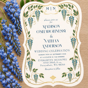 Invitation Mariage Art Nouveau Bleu Wisteria Or
