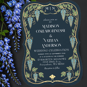 Invitation Mariage Art Nouveau Or Wisteria Bleu 