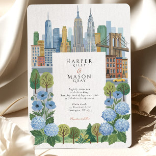 Invitation Mariage artistique à New York avec hydrangea bleu