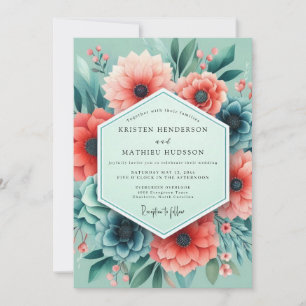 Invitation Mariage artistique Aqua Corail Bloom