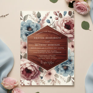 Invitation Mariage artistique avec des fleurs bleues poussiér