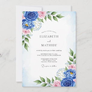 Invitation Mariage artistique de printemps bleu cobalt