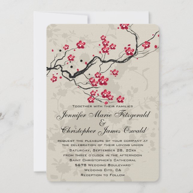 Invitation Mariage Artistique de Style Oriental avec Fleurs d (Devant)