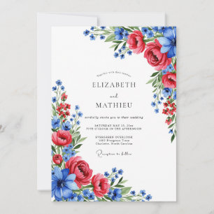 Invitation Mariage artistique d'été bleu cramoisi