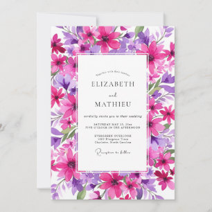 Invitation Mariage Artistique Fantaisiste Fleurs Magenta