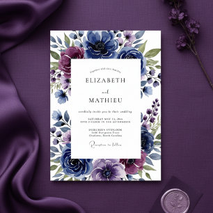 Invitation Mariage Artistique Romantique Floral Indigo