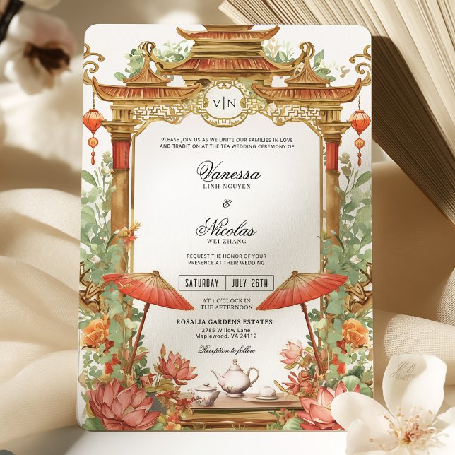 Invitation Mariage asiatique de parasol rouge et de fleurs de (Créateur téléchargé)