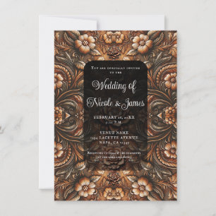Invitation Mariage Aspect Cuir Faux Floral Vintage Gaufrage